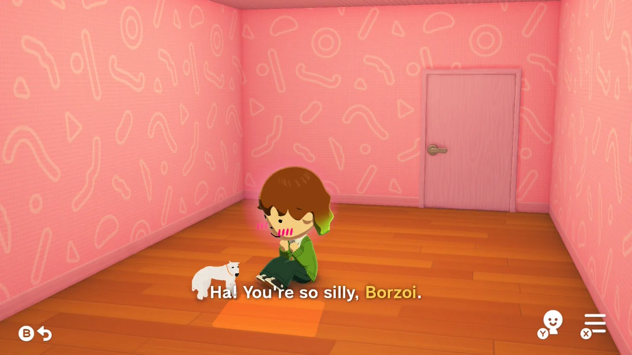 Ein Mii sitzt in einem rosa Zimmer. 