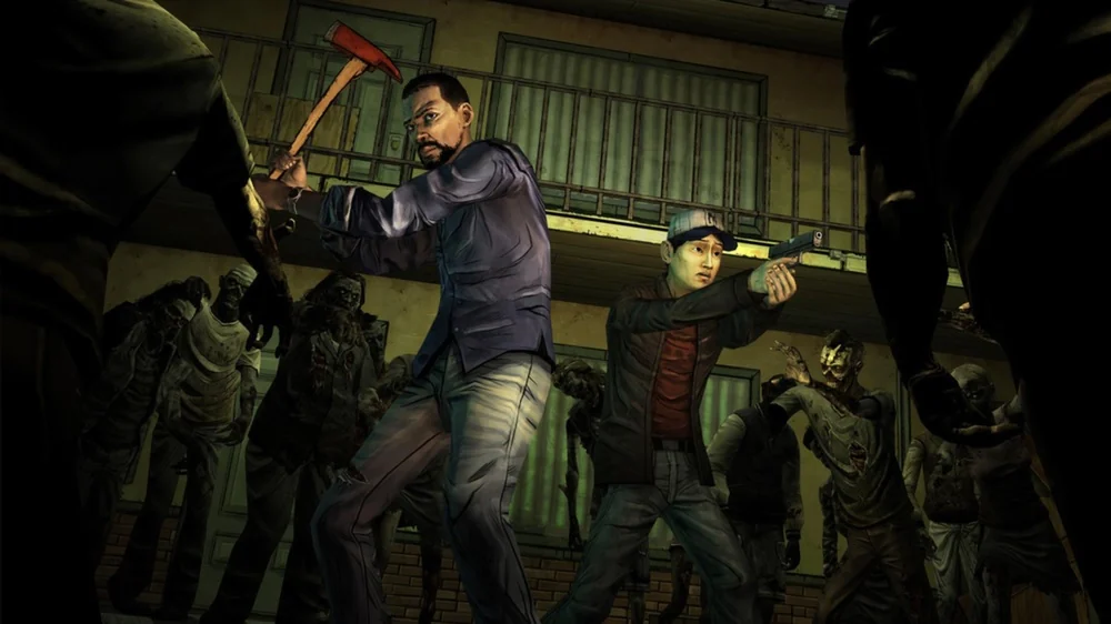 Zwei Menschen sind von Zombies umgeben.